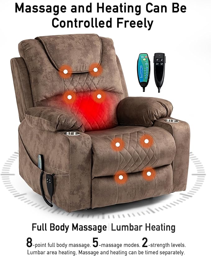 Oversized Lazy Boy Recliner Chair, 2 Motor Leather Recliner, Nursing Lift Chair with Massage and Lumbar Heating, Functional Adult Power Recliner with Cup Holders