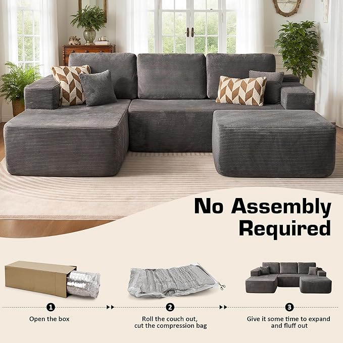 106" Cloud Sectional Couch with L-Shape Chaise & Ottoman, No Assembly Modular Sofa, Deep Seat Corduroy Boneless Couched for Living Room (Gray Stripe Corduroy, Left Facing Chaise with Ottoman)