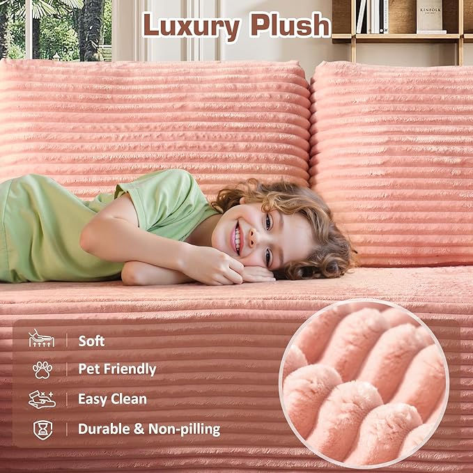 106" Cloud Sectional Couch with L-Shape Chaise, No Assembly Modular Sofa, Deep Seat Plush Corduroy Boneless Couched for Living Room (Pink Plush Corduroy, Left Facing Chaise)