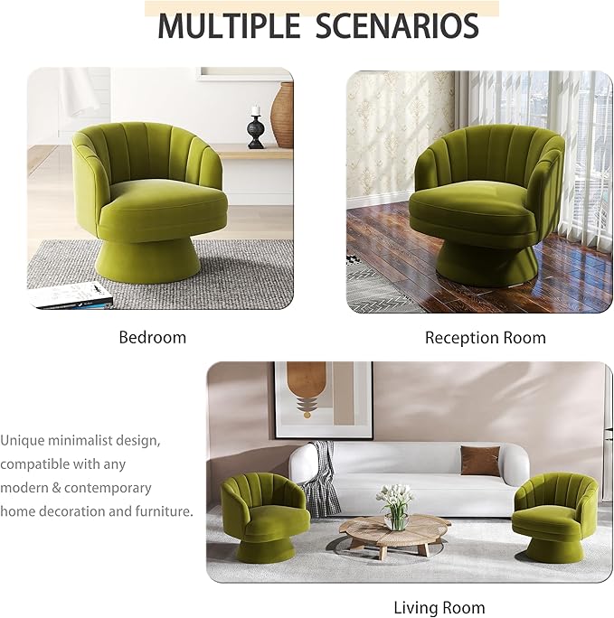 Swivel Accent Chair,Upholstered Velvet 360° Swivel Barrel Chair for Living Room Overstuffed Bouncle Reading Chair Round Armchair for Bedroom,Vanity,Office (Grass Green)