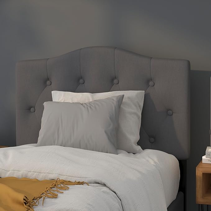 EMMA + OLIVER Twin Size Tufted Upholstered Headboard with Adjustable Metal Bed Rail Slots, Modern Fabric Upholstered Twin Headboard, Dark Gray