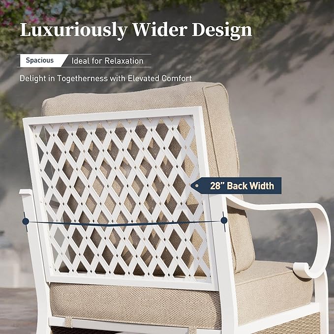 6 Piece Metal Outdoor Patio Furniture Set, Patio Conversation Set 1 3-Seater Sofa, 2 Fixed Sofa, 2 Swivel Chair with 5.75" Thick Cushion & Coffee Table White Backyard Furniture, Beige