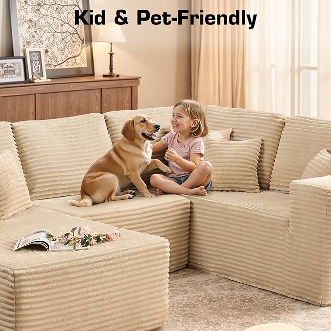 Weaxty Cloud Sectional Couch for Living Room, Oversized U Shaped Boneless Couches with Chaise, Plush Corduroy Memory Foam Deep Seat Floor Sofa, No Assembly Required，Beige