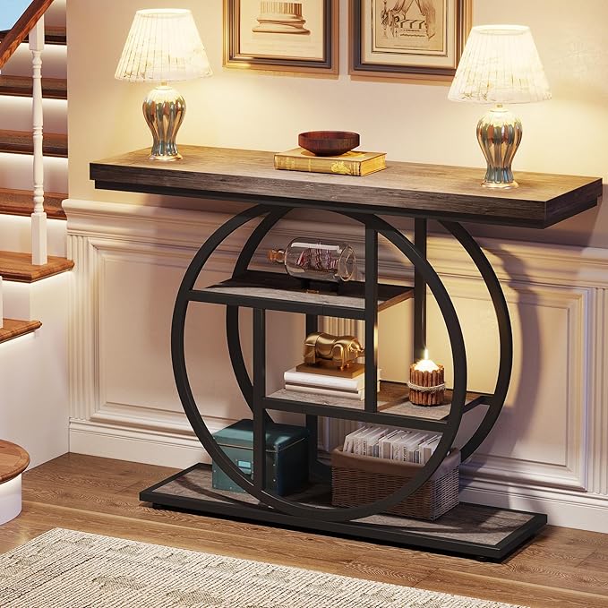 Tribesigns 41.3" Console Table, Industrial 4-Tier Sofa Table Entryway Table with Circle Base, Narrow Wood Accent Tables with Storage Shelves for Living Room, Hallway, Foyer, Gray