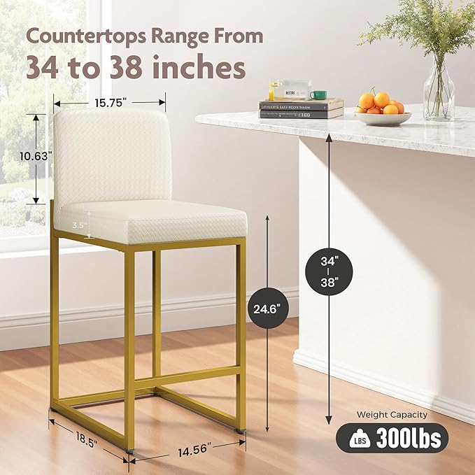 ALPHA HOME 24 Inch Bar Stools Set of 2, Kitchen Counter Stools with Backs, PU Leather Barstools, White Bar Stools with Upholstered Footrest, Sturdy Chromed Metal Steel Frame, Off-White