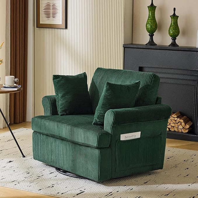 Karl home 39" Swivel Accent Chair,Oversized Seat Armchair W/2 Pillows and 4 Pockets,Modern Upholstered Corduroy Barrel Chairs,Comfy Single Sofa for Living Room,Reading,Bedroom and Office-Dark Green