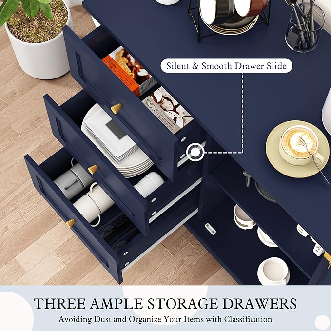 HLR Accent Cabinet with 3 Drawers and Door, Wooden Storage Cabinet with Shelves, Sideboard for Living Room, Entryway, Navy Blue