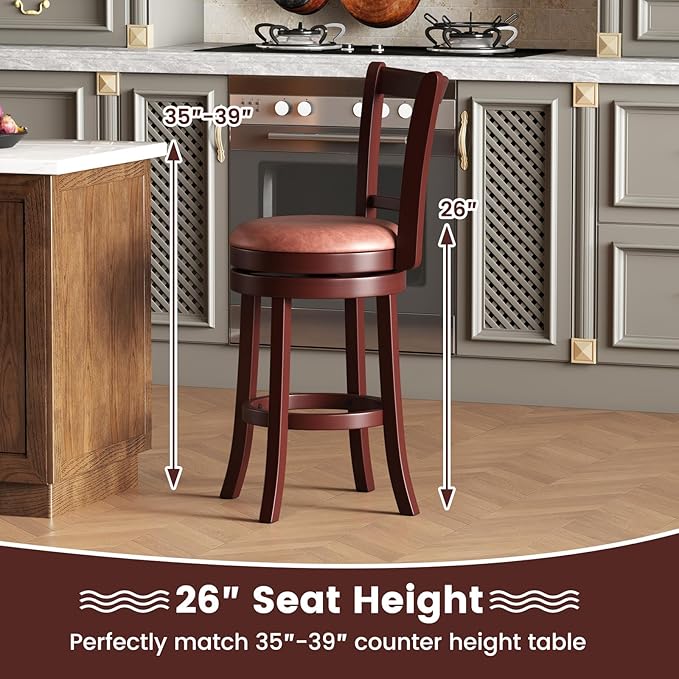 COSTWAY Barstools Set of 4, Faux Leather Upholstered Bar Stools with High Backs and Footrests, Armless Kitchen Island Dining Chairs with Solid Wood Legs, Cappuccino (4, 26'' Seat Height)