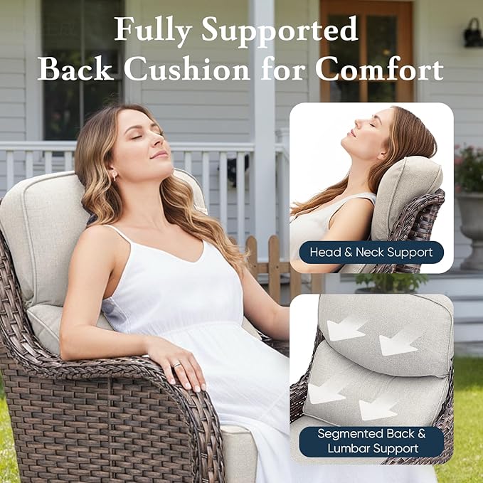 Belord Luxury 6" Thick Cushioned 7 Pieces Patio Furniture Set with Outdoor Couch, Wicker Outdoor Conversation Set with High Back Swivel Rocker Chairs for Deck Porch Yard and Poolside - Brown+Beige