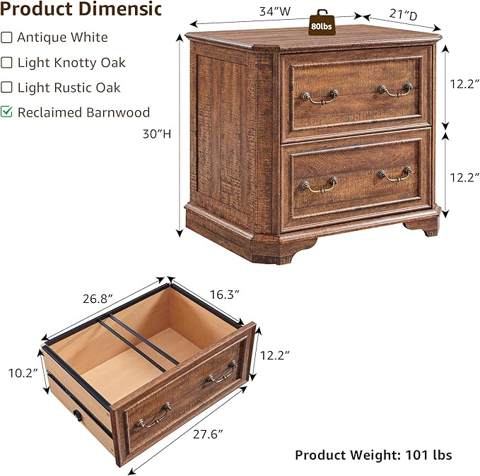 T4TREAM 34" Farmhouse Lateral File Cabinet for Home Office, Large 2-Drawer Wood Filing Cabinet w/Smooth Rails, Fits Letter/Legal Files, Storage Cabinet w/Framed Drawer Front Design, Brown