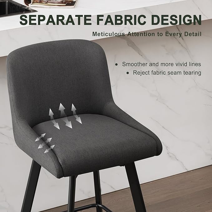 Swivel Counter Height Bar Stools Set of 6, 26''H Upholstered Barstools with Backs, Modern Bar Stool Chairs for Kitchen Island, Metal Legs, Fabric, Black Grey Stools Counter Chair