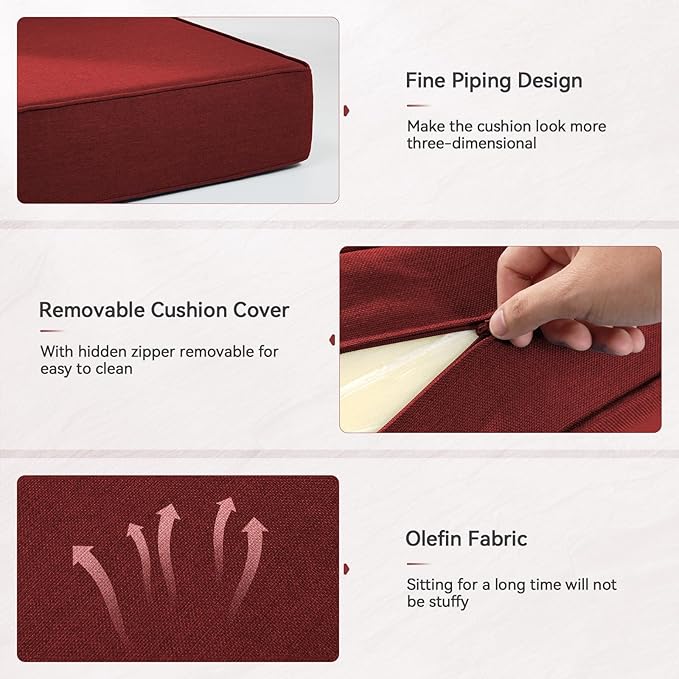 Luxury 6" Outdoor Cushions for Patio Furniture, 24x24x6" Thick Seat Cushion Set of 3, Fade Resistant Couch Chair Replacement Cushions High Density Deep Wicker Chair Cushion w/ Removable Cover, Red