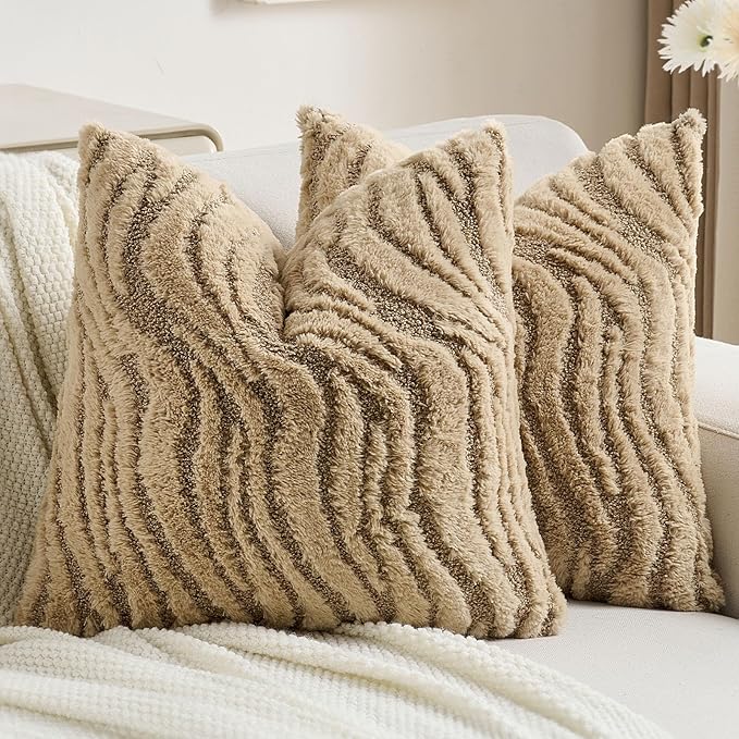 FUTEI Khaki Decorative Throw Pillow Covers 20x20 Inch Set of 2,Soft Faux Fur Geometric Shapes Texture Cushion Case,Boho Home Decor for Couch Bed Living Room