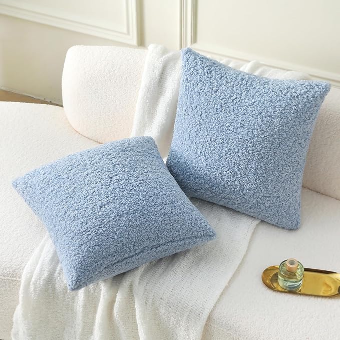 FUTEI Light Blue Throw Pillow Covers 18x18 Inch Set of 2,Furry Faux Fur Teddy Boucle Textured Cushion Covers,Soft Fluffy Decorative Pillow Case,Home Decor for Couch Bed Living Room Office Car