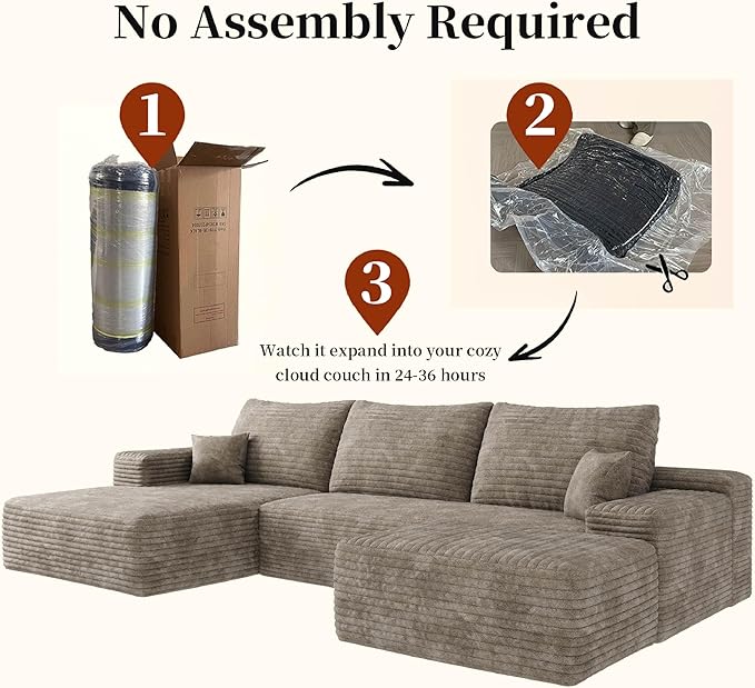 107.5" Compressed Boneless Couch with Ottoman, 2 Seater Large U Shaped Sectional Couches for Living Room, Camel Corduroy Cloud Modular Sectional Sofa, Memory Foam, No Assembly，Light Facing Chaise