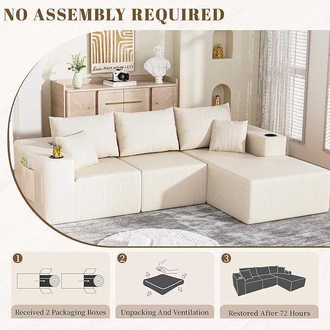 107" Cloud Sectional Couch, Modular Sectional Sofa with L-Shape Chaise, Corduroy Boneless Couch with Deep Seat, Upholstered Sofa for Living Room, No Assembly Required(Right-Facing Chaise, White)