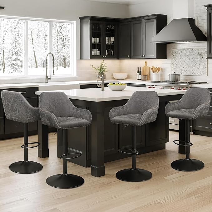 Yaheetech Bar Stools Set of 4, PU Leather Swivel Counter Height Barstools, Adjustable Bar Chairs with Backrest and Footrest, Kitchen Island Stool for Home Kitchen, Grey