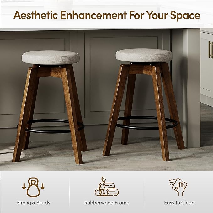 Swivel Premium Solid Wood Counter Stool 25", 360° Rotating Upholstered Cushion, Backless Bar Chair for Island, Pub, Kitchen, Dining Room (Walnut)