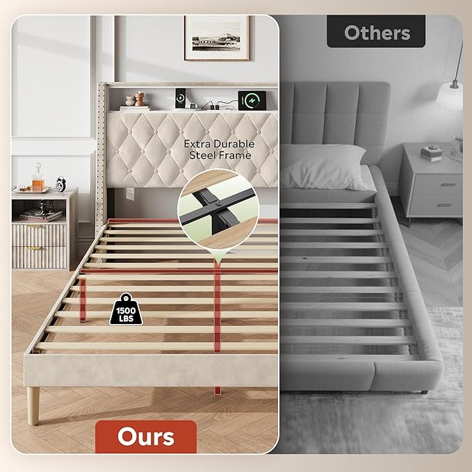 WLIVE Queen Size Upholstered Bed Frame with Storage Headboard, Velvet Square Tufted Platform Bed with Charging Station, Sturdy Metal & Wooden Slats Support, No Box Spring Needed, Beige