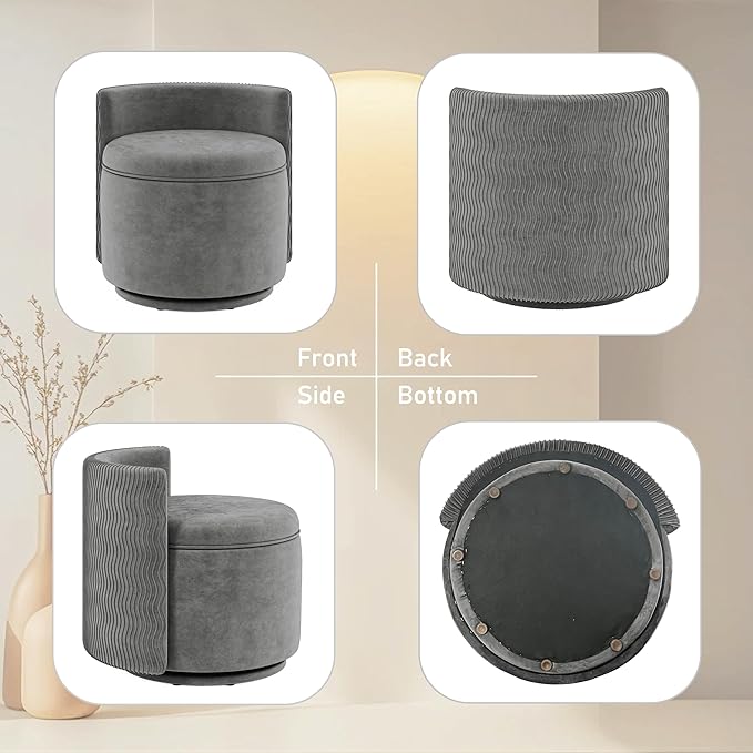 360° Swivel Accent Chair with Storage, Vanity Stool with Back, Velvet Storage Ottoman, Upholstered Round Barrel Vanity Chair for Living Room, Makeup Room, Bedroom (Gray)