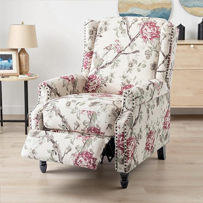 UIXE Pushback Floral Recliner Chair, Fabric Upholstered Armchair Push Back Accent Chair for Living Room, Rivet Trim Club Chair Home Theater Single Sofa Reading Seat - Beige Floral