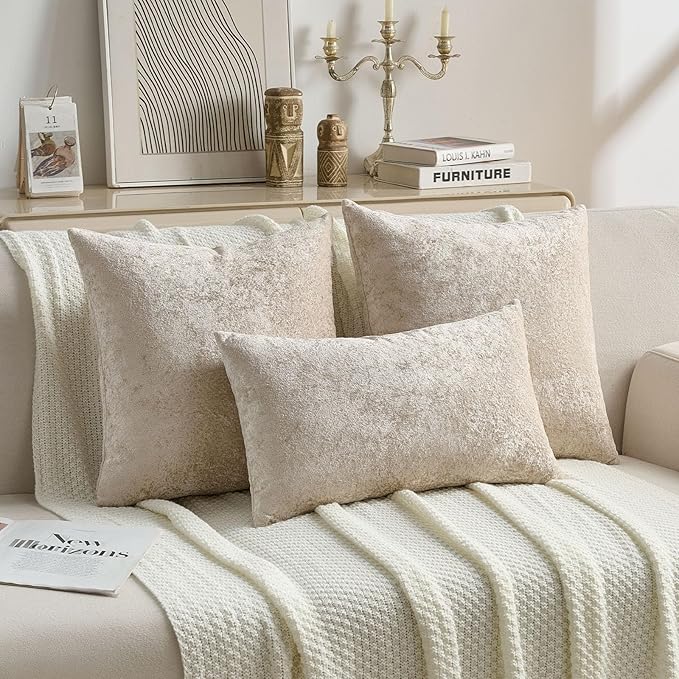 FUTEI Beige Flannel Throw Pillow Covers 22x22 Inch Set of 2,Soft Dimensional Textured Cushion Cases,Modern Home Decor for Couch Living Room