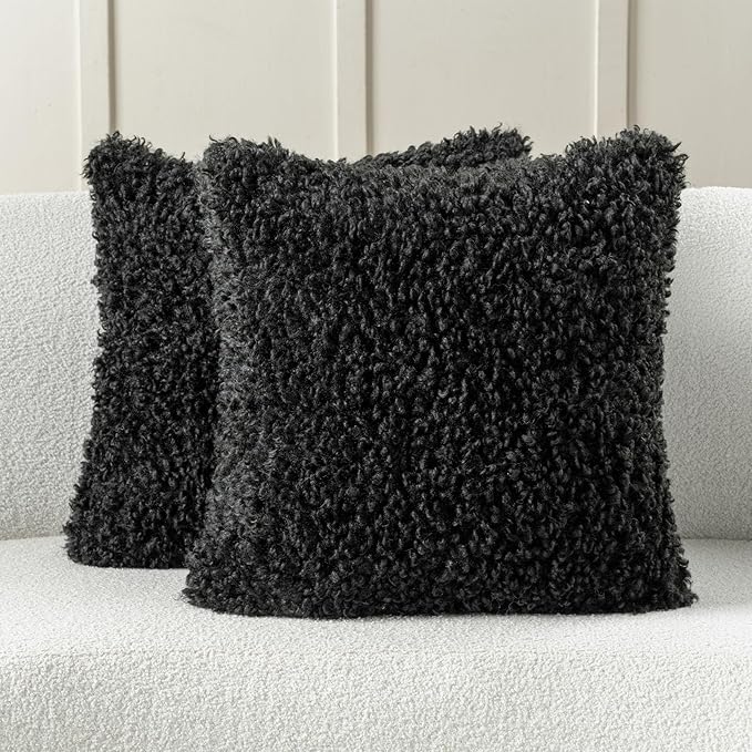 FUTEI Black Decorative Throw Pillow Covers 20x20 Inch Set of 2,Soft Fluffy Faux Wool Fur Boucle Textured Cushion Case,Modern Home Decor for Couch Bed Living Room Office