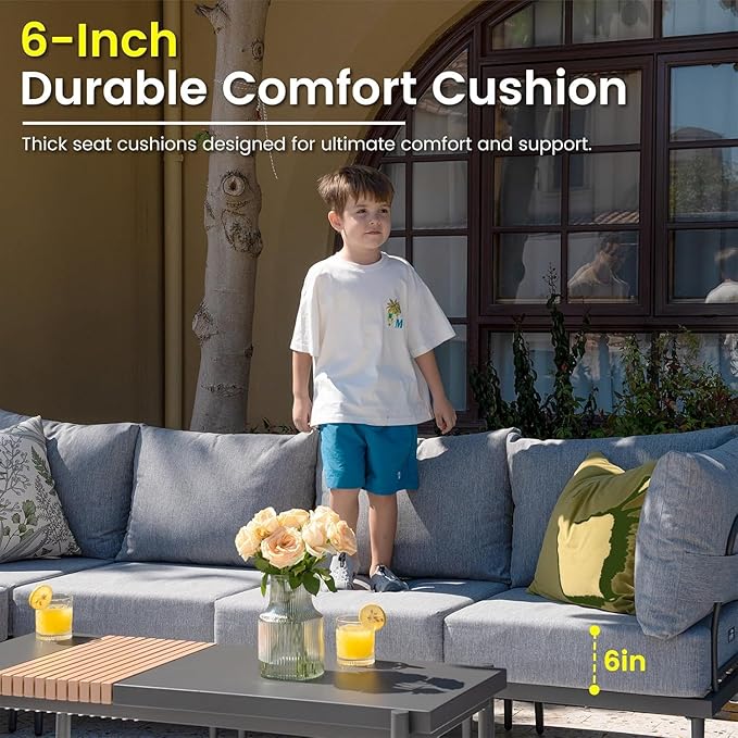 Sundale Outdoor 9 Pieces Patio Furniture Set, U-Shaped Outdoor Sectional Sofa with 6 Inch Olefin Cushion and Coffee Table, Modern Metal Outdoor Conversation Sets (8 Seats, Grey Frame)