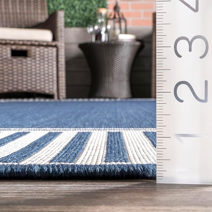 nuLOOM 3'6" x 5' Outdoor Area Rug, Casual Design With Striped Border, Stain Resistant, Highly Durable, For Patio, Balcony, Bedroom, Living Room, Dining Room, Bathroom, Navy