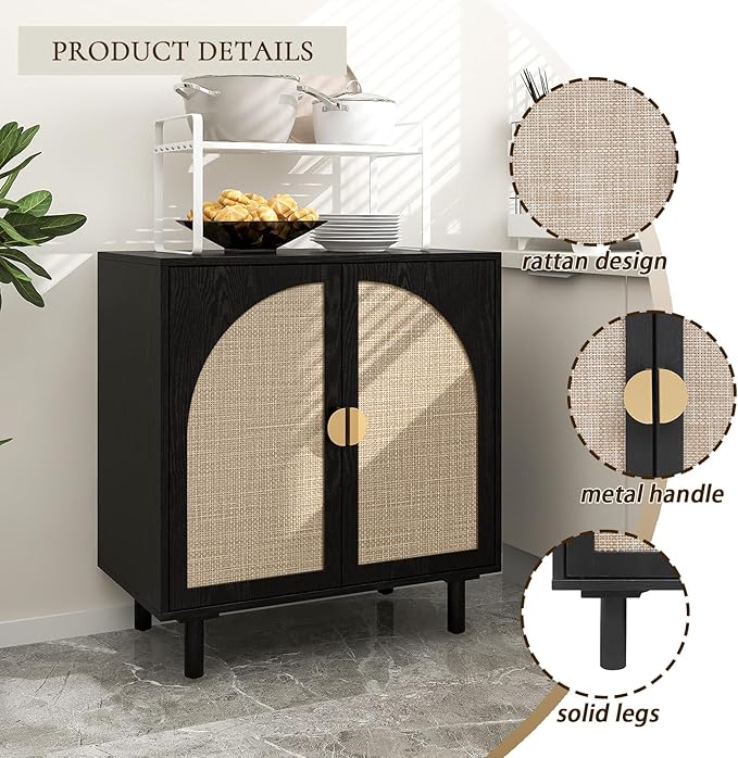 Black Rattan Cabinet-2-Doors,Sideboard Buffet Cabinet with Storage-Accent Storage Cabinet with Cane Door, Boho Wood Credenza for Dining Room, Kitchen,Study Room (Black01-2 Door)