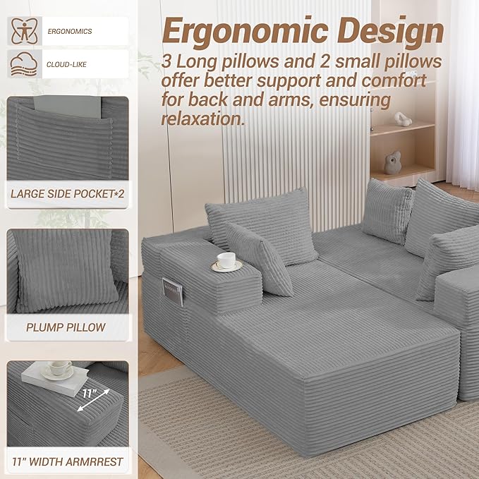 105" Cloud Sectional Couch, Modular Sectional Sofa with L-Shape Chaise, Corduroy Boneless Couches for Living Room, No Assembly, Grey