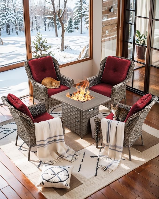 Outdoor Patio Chairs with Fire Pit Table 5 Piece Set - High Back Brown Wicker Rattan Lawn Chair with Thick Cushion for Porch Apartment Deck Yard Poolside Garden - Red