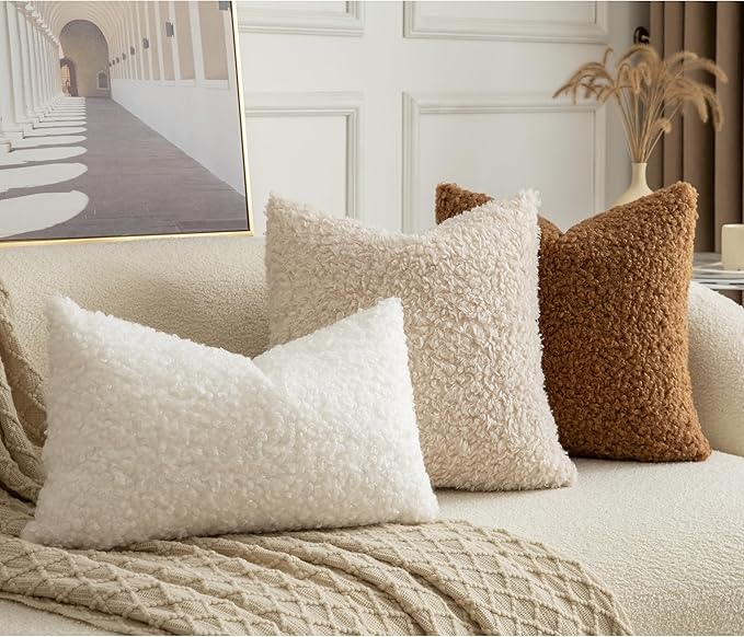 Pack of 2 Curly Teddy Wool Faux Fur Throw Pillow Covers Fuzzy Accent Soft Sherpa Pillowcases Sheepskin Fleece Decorative Cushion Case for Sofa Couch Living Room 26x26 Inch Bronze