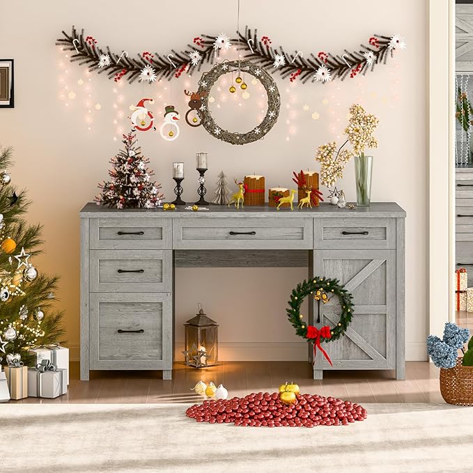Farmhouse 61'' Executive Desk with 5 Drawers, Rustic Office Desk Computer Desk with Charging Station, File Drawers and Storage Cabinet, Wood Workstation for Home Office and Study, Gray