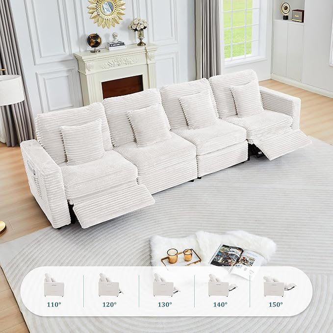Power Reclining Sectional Sofa, Electric Loveseat Recliner with Storage Console and USB Ports, Plush Corduroy Fluffy Reclining Loveseat Couch Adjustable Headrest, 2 Seat Sofa for Living Room-White