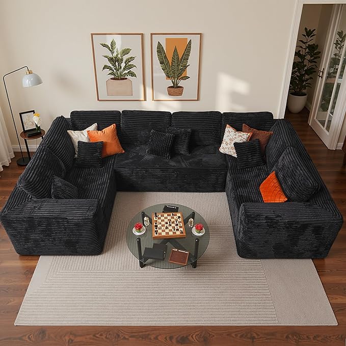 Cloud Sectional Couch with Loveseat, Boneless U-Shaped Cloud Couch with Deep Seat, Soft Plush Modern Minimalist Sofa, Assembly Free Modular Floor Sofa for Office Living Room Apartment, Black