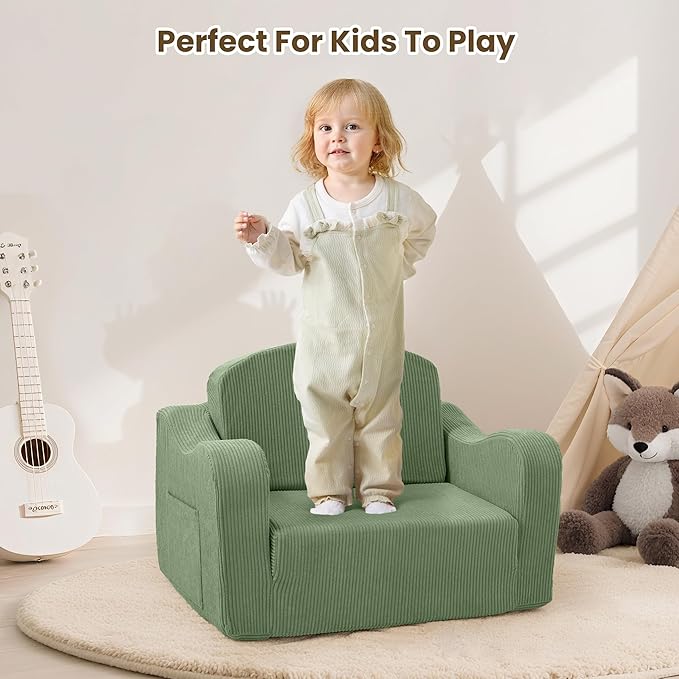 Comfy Toddler Chair for Kids, 2-in-1 Toddler Soft Plush Couch Fold Out, Convertible Kids Couch to Lounger, Baby Sofa for Boys and Girls, Green