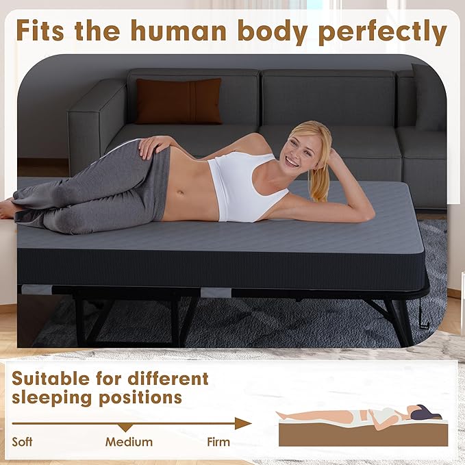 Superday Folding Bed with Mattress, 75" x 38" Folded Bed, Roll Away Beds with 5" Memory Foam Mattresses for Adults, Foldable Twin Beds for Guest Room, Small Apartment, Space-Saving Sturdy Metal Frame