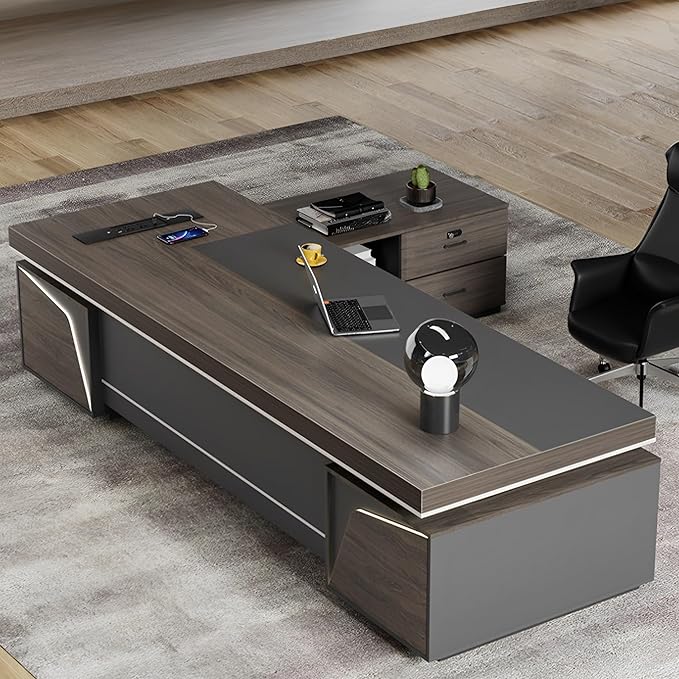 Large Executive Desk, Modern L-Shaped Computer Desk with Side Cabinets, Drawers and Password Lock, CEO Business Furniture Desk (Chair Not Included)(63x29.5x94.48inch)