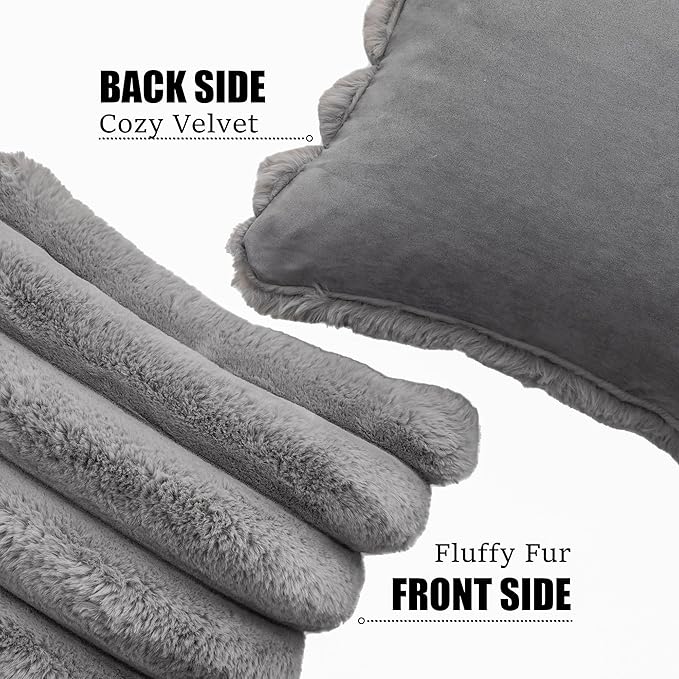Neelvin Grey Faux Fur Cozy Soft Striped Decorative Throw Pillow Covers 26x26 inch Set of 2,Velvet Pillowcase Cushion Case for Sofa Couch