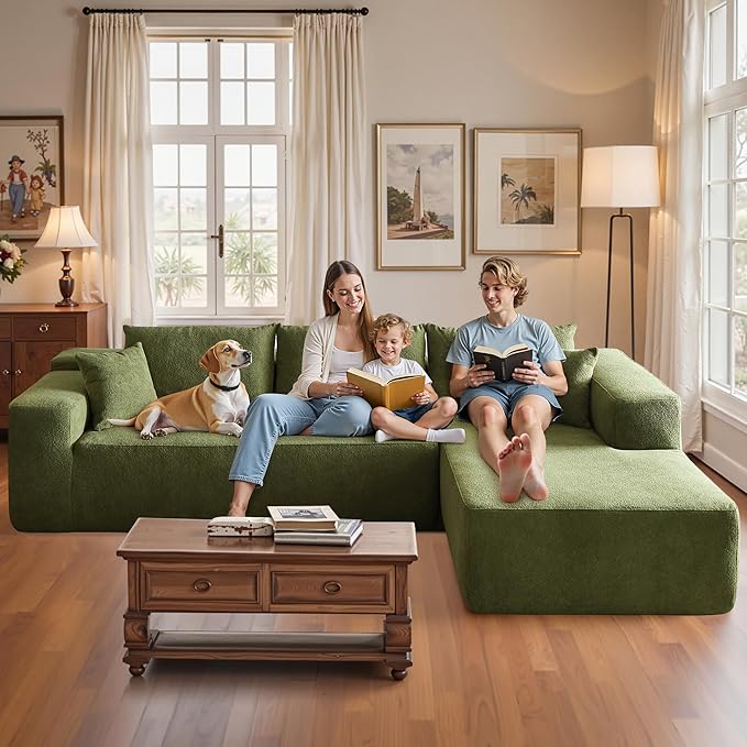 106" Cloud Sectional Couch with Chaise Lounge,L Shaped Modular Modern Sofa,Comfy Velvet Fluffy Couches with Deep Seat,No Assembly Required Couch for Living Room (Right,Cloudy Velvet,Green)