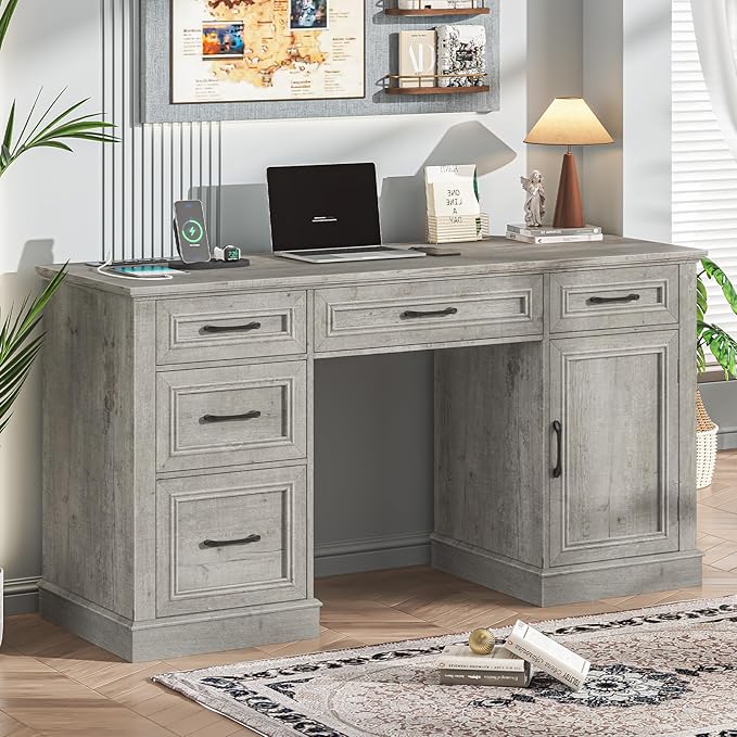 Farmhouse 59'' Executive Desk with Charging Station,Office Desks Computer Desk with 5 Drawers, Wood Workstation for Home Office and Study, File Drawers and Storage Cabinet, Grey