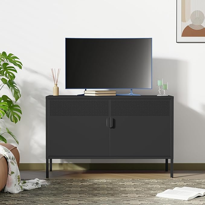 Black Wide Metal Locker Storage Cabinet, 2 Door Accent Cabinet for Home and Office, 2 Tier Low Metal Cabinet With Doors and Shelf, Multipurpose TV Stand