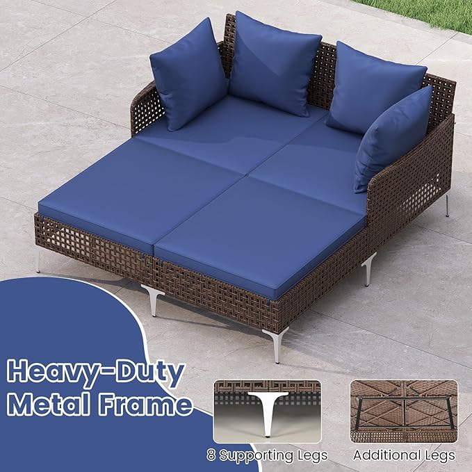 HAPPYGRILL Outdoor Patio Daybed PE Rattan Sunbed with Pillows and Cushions, Heavy-Duty Metal Frame, Outdoor Bed Lounger for Porch, Backyard and Poolside (Navy)