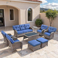 9-Piece Rotating Balcony Chair Set with 31-inch T-Shaped Wide backrest - Rattan Outdoor Rotating Balcony Chairs, Wide backrest Comfortable Outdoor Sliding Chair - Brown | Blue