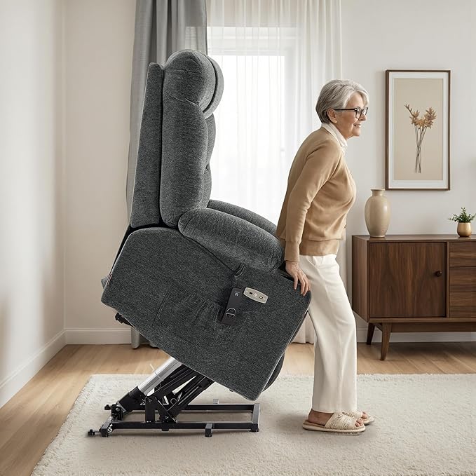 MCombo Oversized Power Lift Recliner Chair with Extended Footrest for Elderly People, Fabric R7399 (Dark Gray, Large-Oversize)