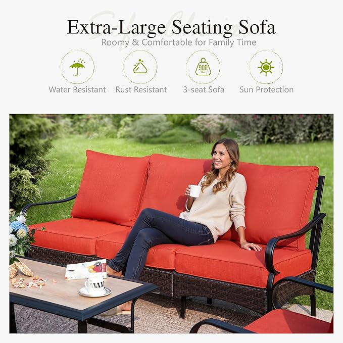 Sophia & William Patio Furniture Set, 4 Piece Metal Outdoor Conversation Set with 3-Seater Outdoor Couch, 2 Sofa Chairs, 1 Coffee Table for Outdoor Seating, Backyard, Porch(Red)