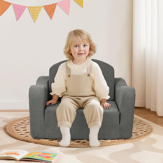 Comfy Toddler Chair for Kids, 2-in-1 Toddler Soft Plush Couch Fold Out, Convertible Kids Couch to Lounger, Baby Sofa for Boys and Girls,Grey