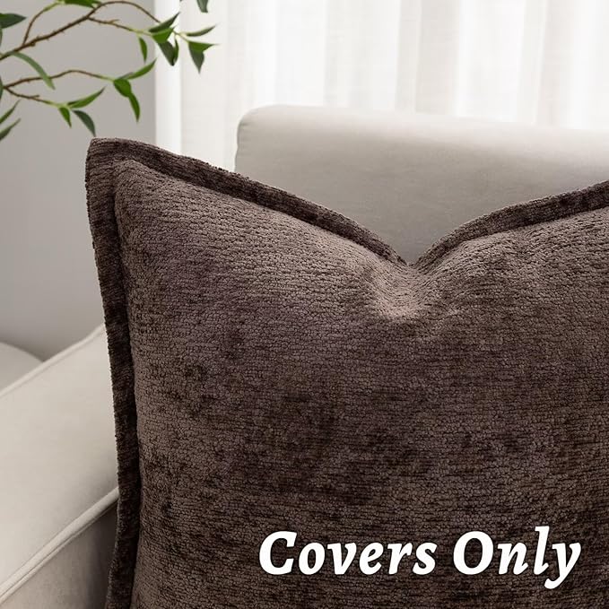 Brown Decorative Throw Pillow Covers 20x20 Inch Set of 2 Cozy Soild Chenille Cushion Cases Soft Textured Square Couch Pillows Cover Boho Accent Farmhouse Pillowcases for Sofa Bed