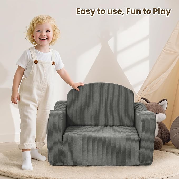 Comfy Toddler Chair for Kids, 2-in-1 Toddler Soft Plush Couch Fold Out, Convertible Kids Couch to Lounger, Baby Sofa for Boys and Girls,Grey